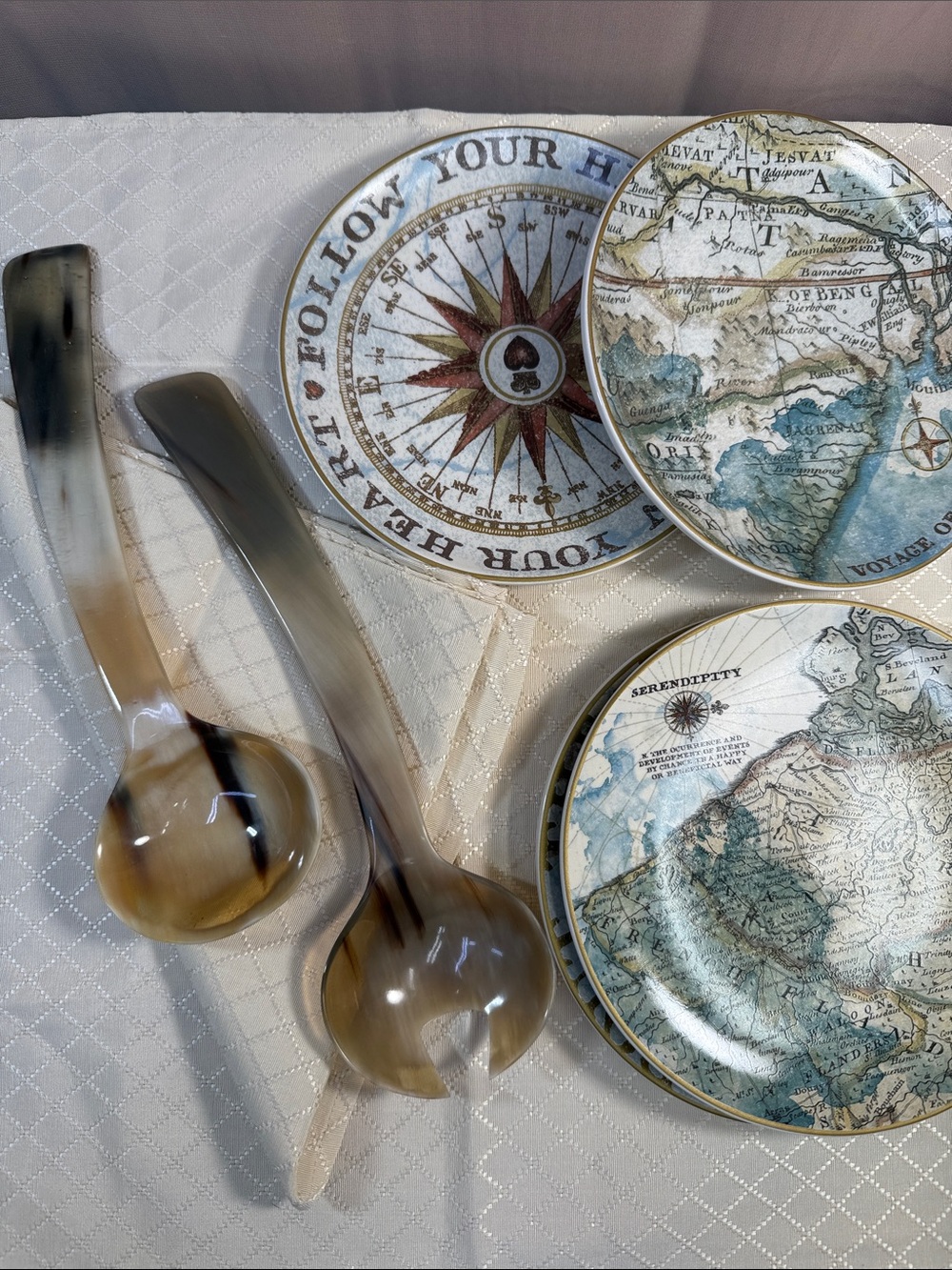 Hand Carved natural Horn Salad Servers Vintage Boho Luxe Spoon Fork Entertaining